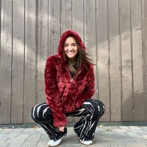 May & July Red Faux Fur Hooded Jacket | Plush Winter Coat - Size L